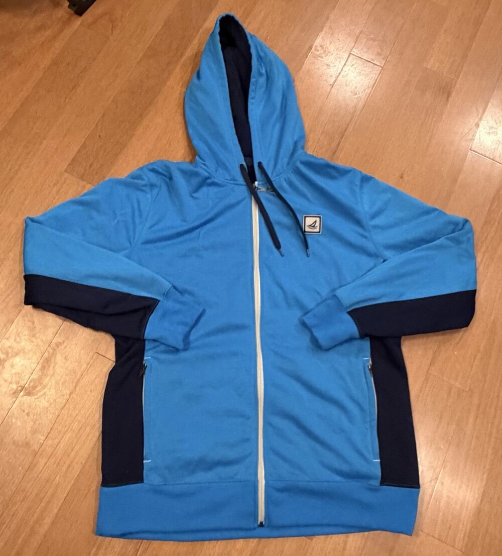 Sperry Top-Sider STS35 Jacket Mens Large Blue Hooded Softshell Windbreaker EUC